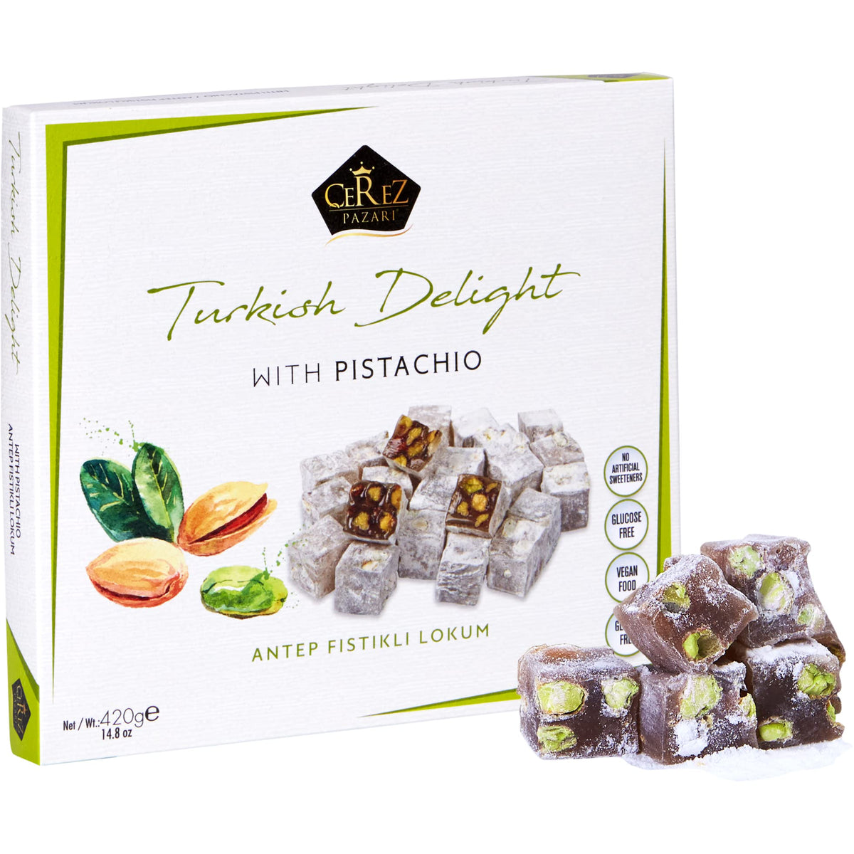 Çerez Pazarı Turkish Delight Pistachio gift box, premium vegan sweets for sharing.