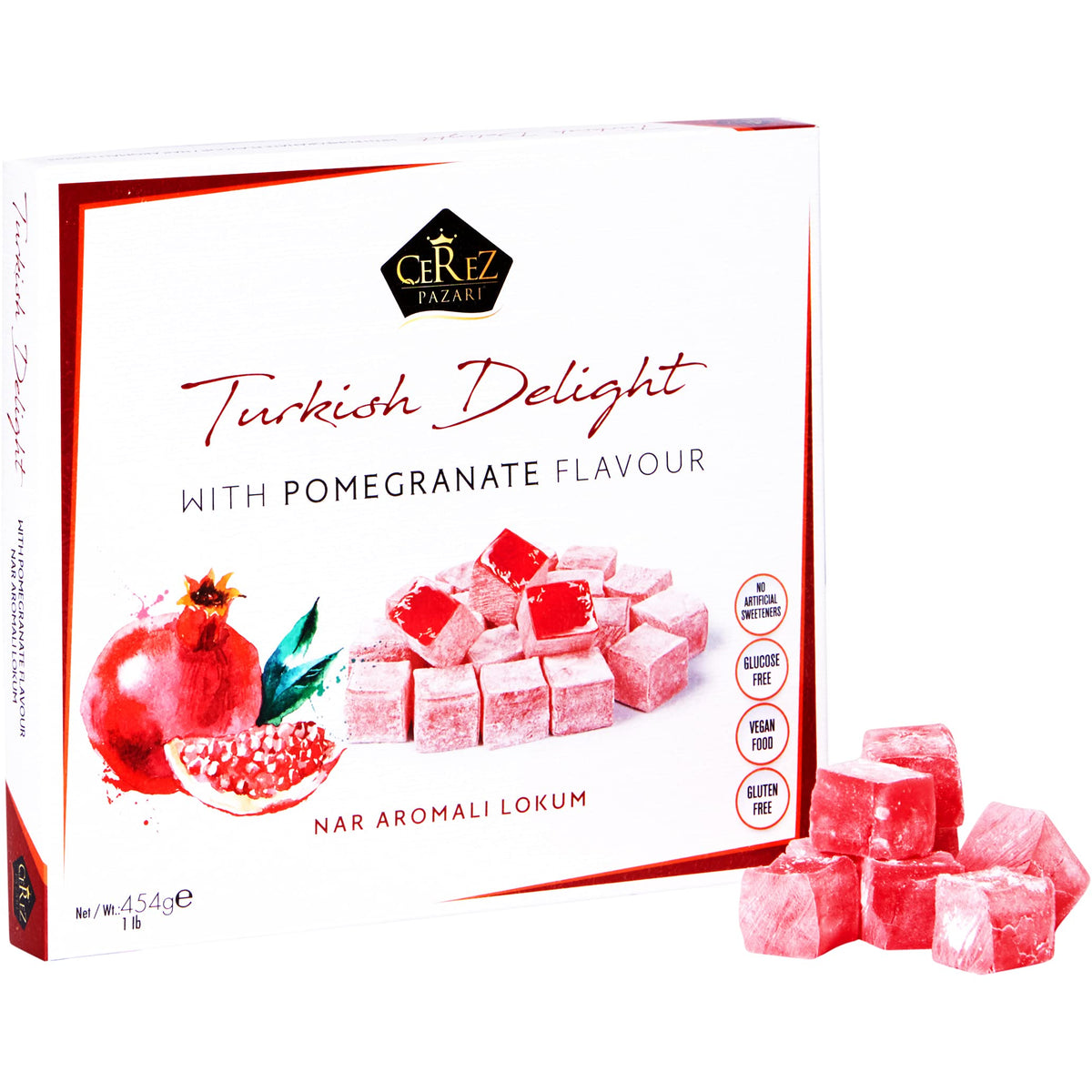 Çerez Pazarı Turkish Delight pomegranate packaging highlighting premium gift-ready presentation