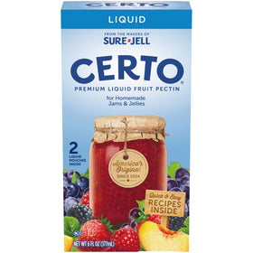 Certo Premium Liquid Fruit Pectin box front highlighting heritage for quick jams
