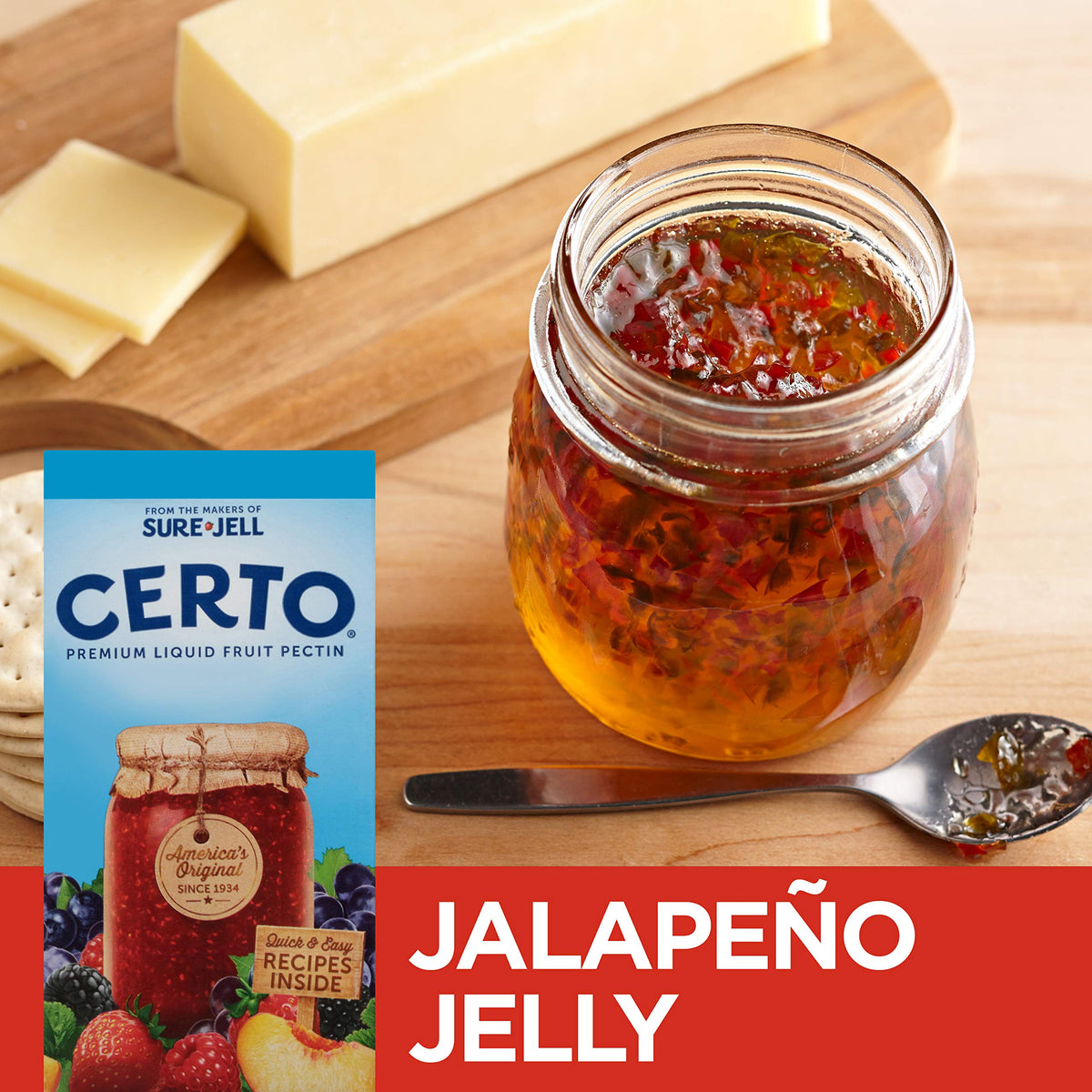 Certo Premium Liquid Fruit Pectin packaging closeup emphasizing easy canning prep