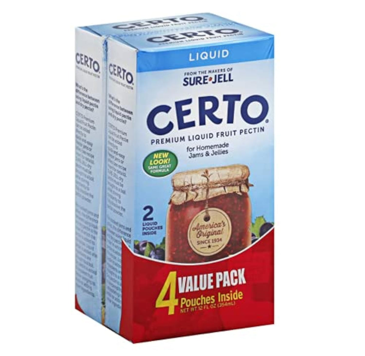 Certo Premium Liquid Fruit Pectin packet for quick-set jams and jellies.