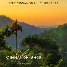 Ceylon Cinnamon Shop certified organic non-GMO fairtrade labeling on packaging.