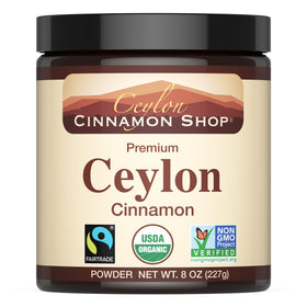 Ceylon Cinnamon Shop organic cinnamon powder in 8 oz jar for baking.