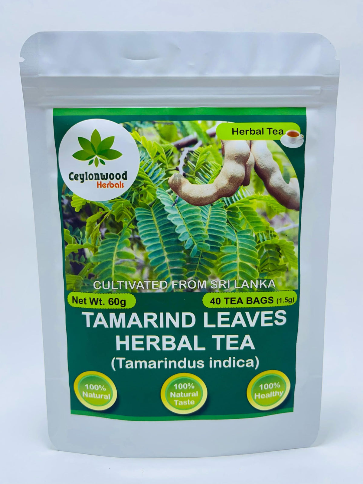 Ceylonwood Herbals tamarind leaves tea bags ready for a caffeine-free brew