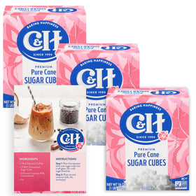 C&H Premium Pure Cane Sugar Cubes box closeup for consistent sweetness in beverages.