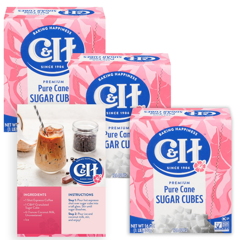 C&H Premium Pure Cane Sugar Cubes box closeup for consistent sweetness in beverages.