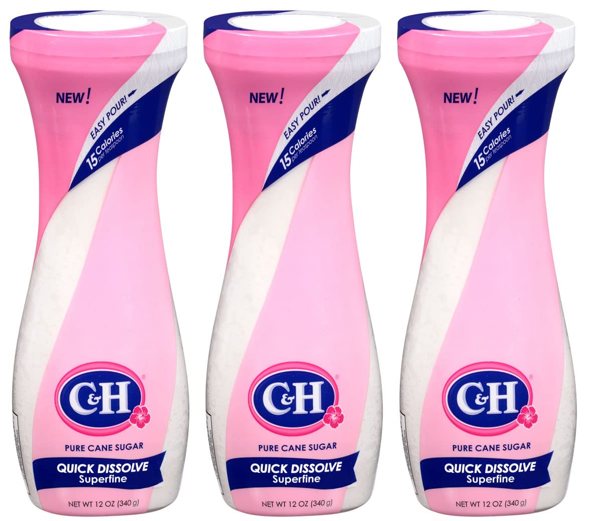 C&H Superfine Sugar flip-top canisters 3-pack on kitchen counter for easy access.