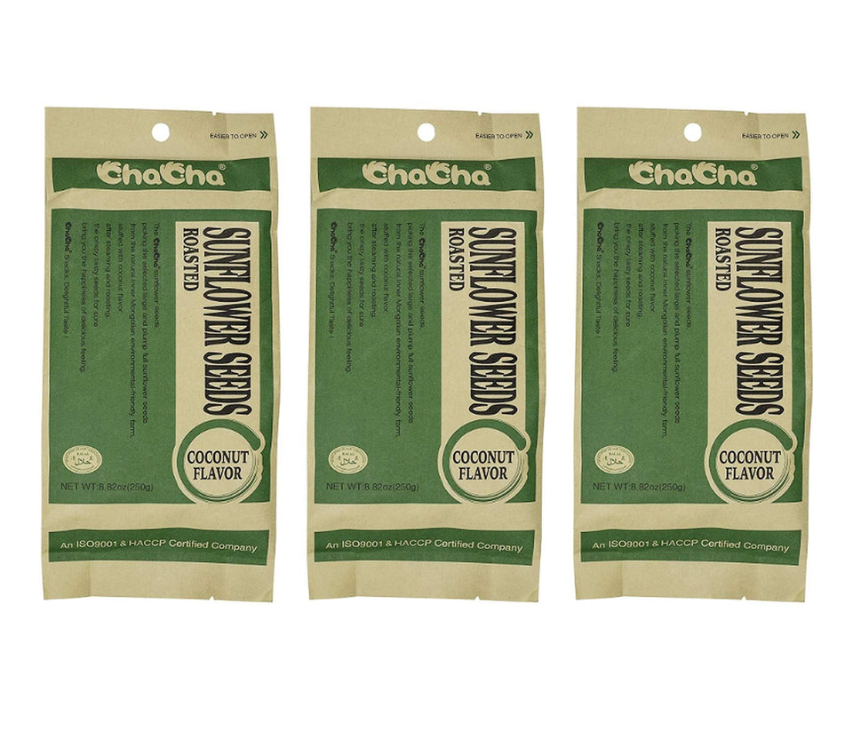 ChaCha coconut-flavored roasted sunflower seeds close-up, a crunchy, portable snack.