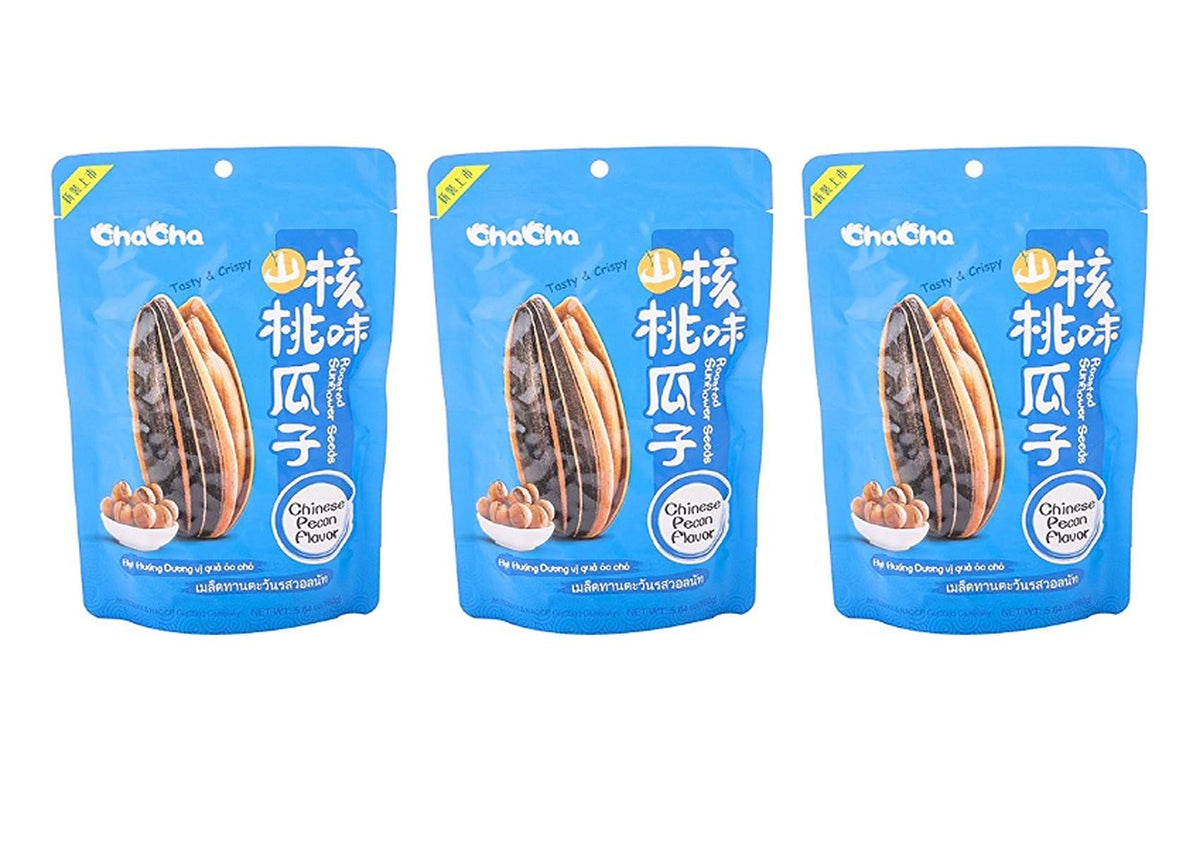 ChaCha roasted sunflower seeds Chinese pecan flavor packaging for on-the-go munching.