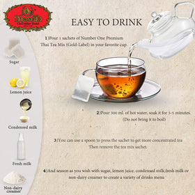 ChaTraMue Number One Gold Label tea sachets iced tea setup delivers bold refreshment.