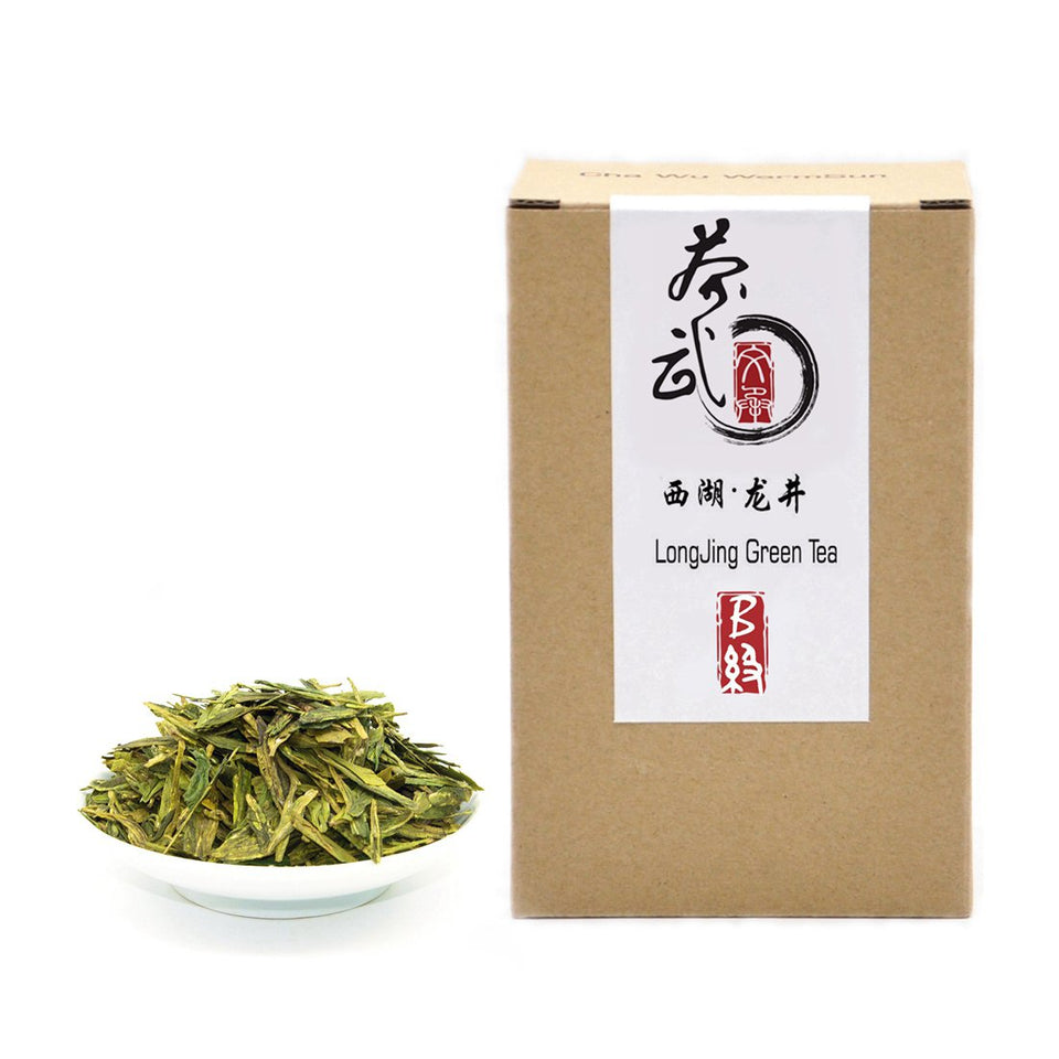 ChaWuWarmSun LongJing tea leaves close-up, showing whole-leaf quality for a refined brew.