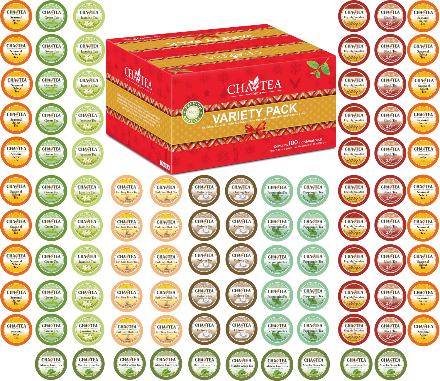 Cha4TEA 100-count variety pack tea box for quick daily tastings.