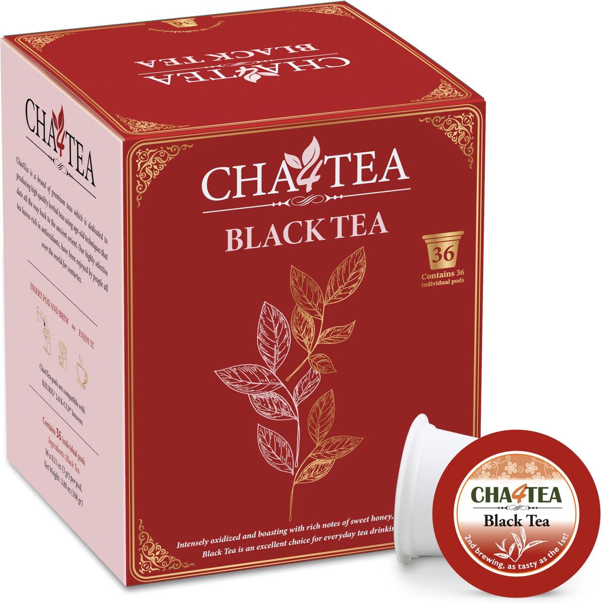 Cha4TEA 36-count black tea pods ready for quick, convenient mornings.