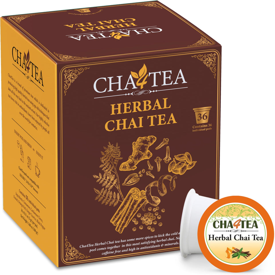 Cha4TEA 36-count herbal chai pods brewing with a rich, inviting aroma.