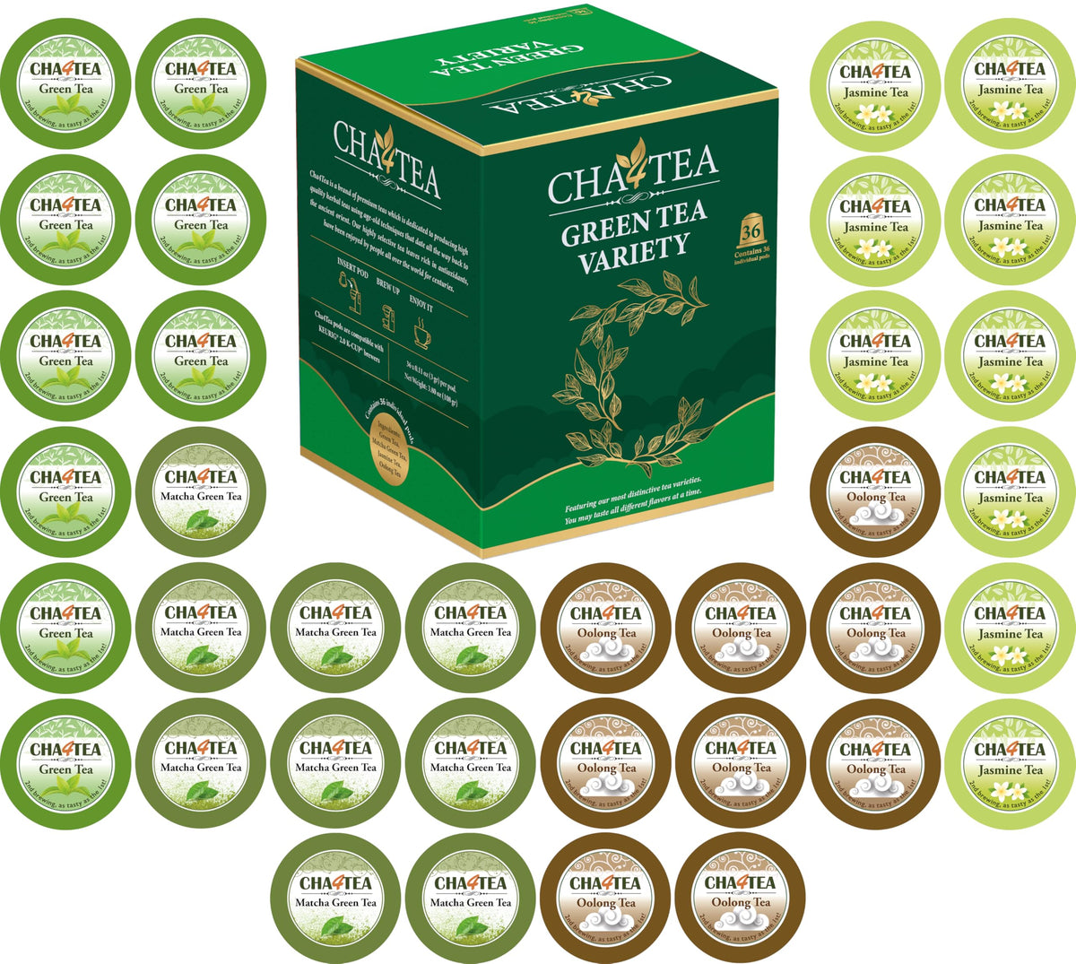 Cha4TEA 36-count K-Cups box shows assorted green teas for quick, convenient brewing.