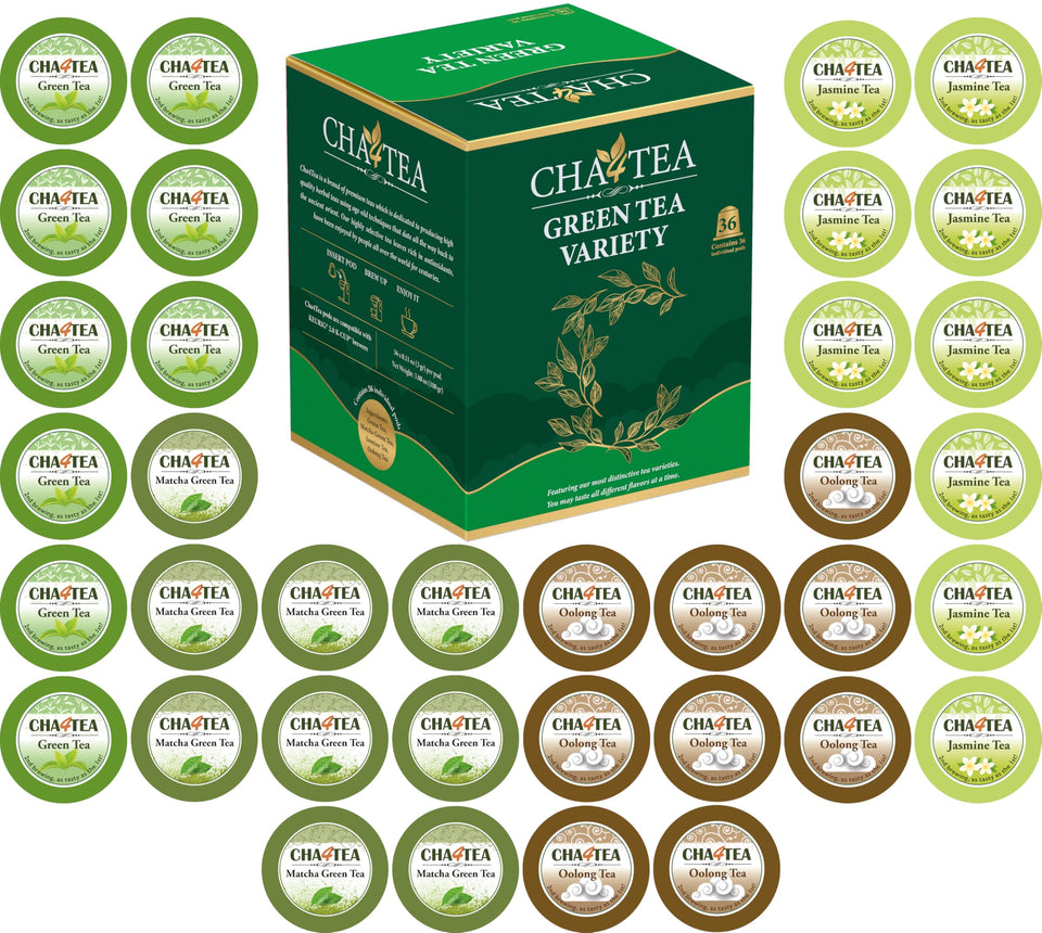 Cha4TEA 36-count K-Cups box shows assorted green teas for quick, convenient brewing.