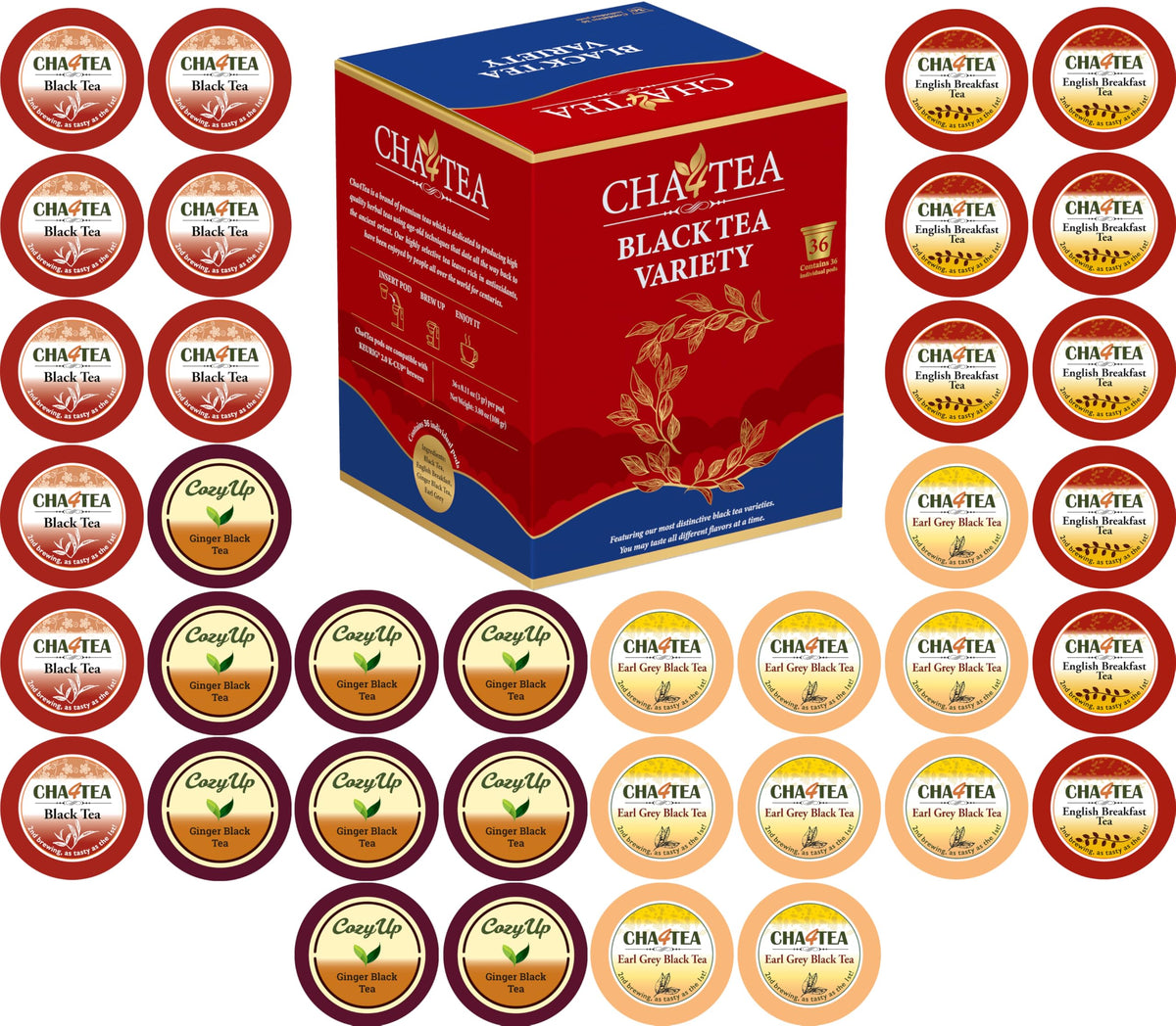 Cha4TEA 36-count sampler box on kitchen counter for easy flavor testing