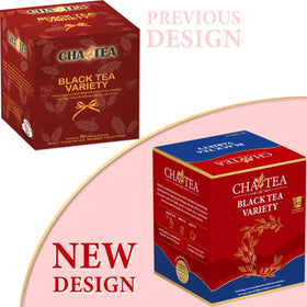 Cha4TEA Black Tea K-Cups variety pack showing rich hues and packaging