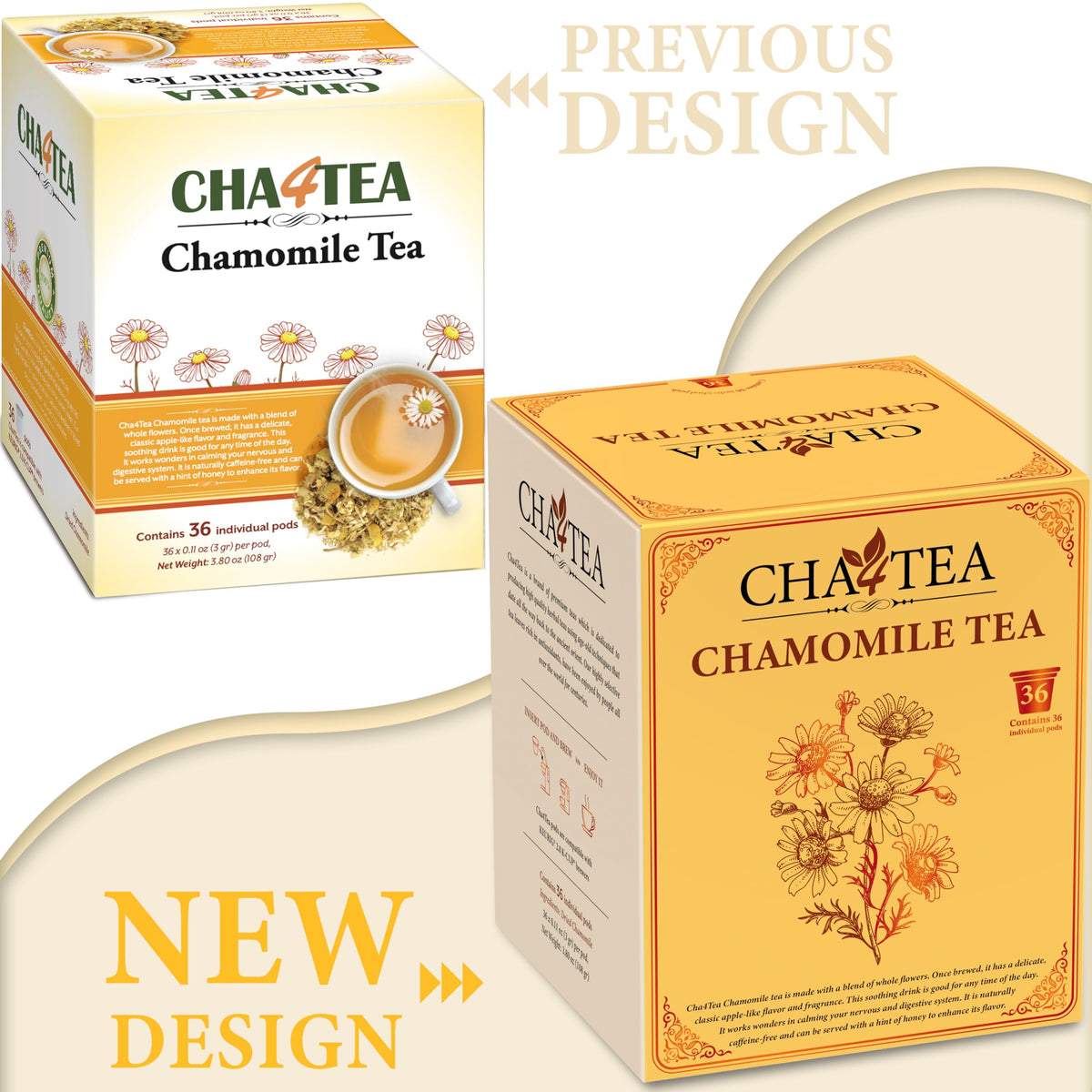 Cha4TEA chamomile pods in a cup image with smooth flavor for unwinding after work.