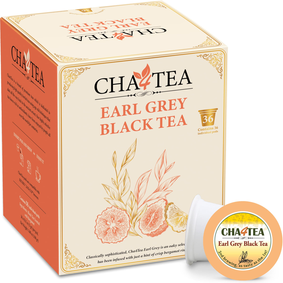 Cha4TEA Earl Grey pods ready for a quick Keurig brew.