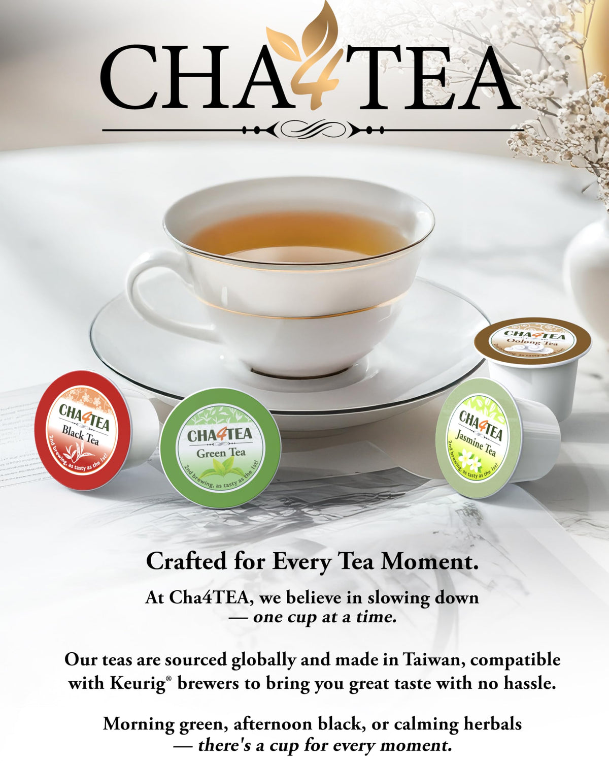 Cha4TEA green tea leaves close-up highlighting natural quality
