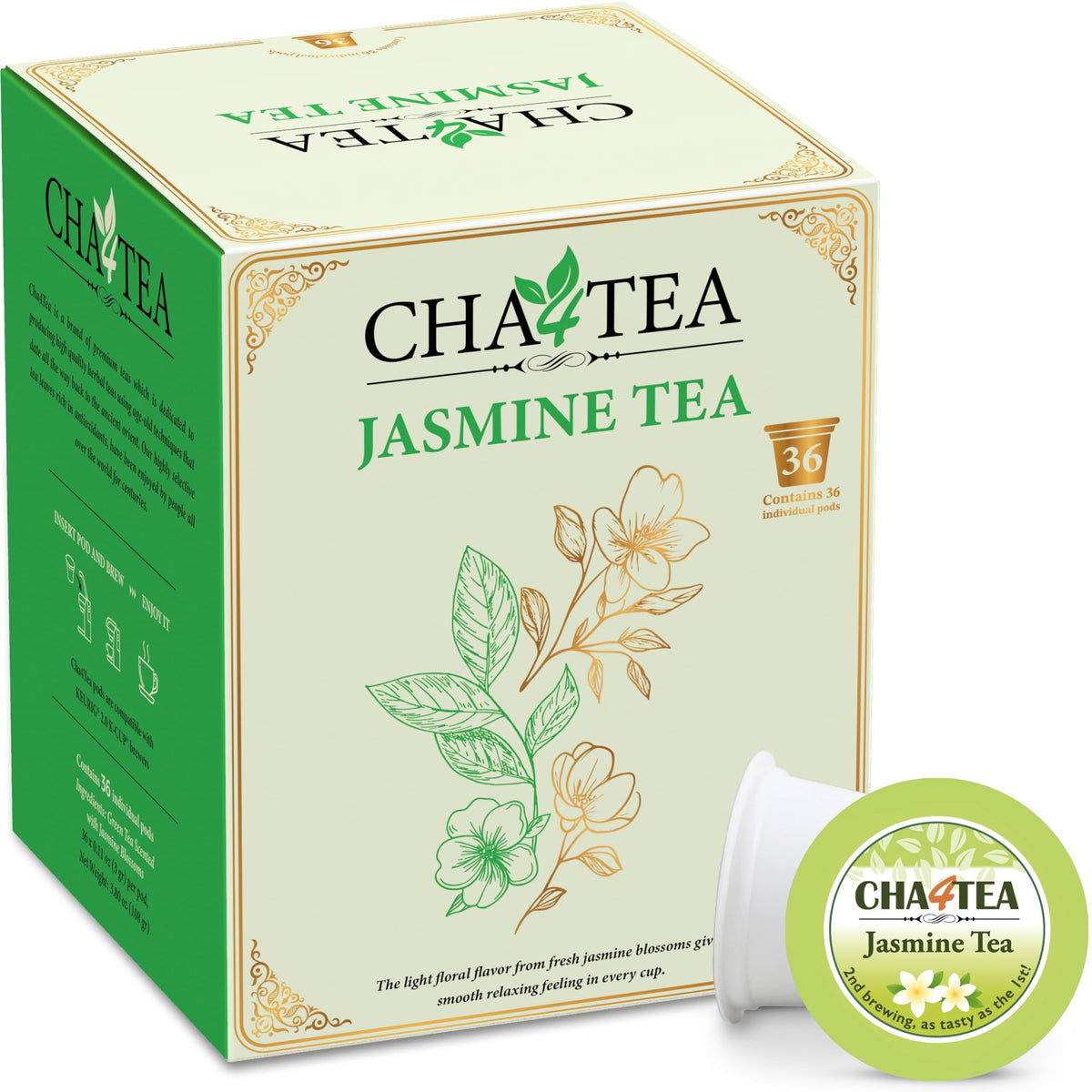 Cha4TEA Jasmine Green Tea Pods 36-count box for quick, fragrant brews.