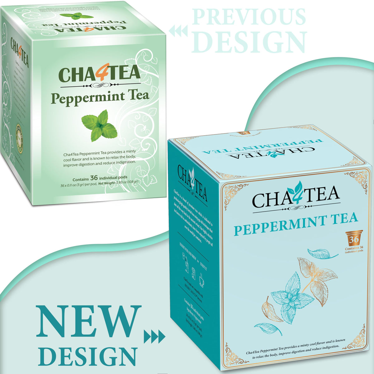 Cha4TEA peppermint pods beside a Keurig for quick single-serve brewing