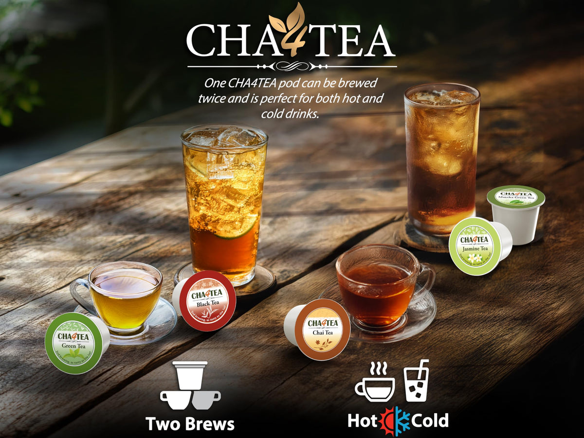 Cha4TEA pods on a shelf, ready for single-serve tea