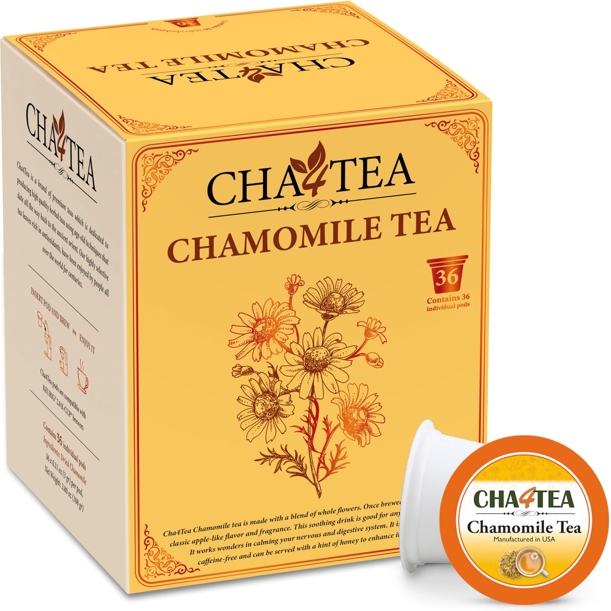 Cha4TEA pure chamomile pods in a box for Keurig brewers, ideal for a caffeine-free evening routine.
