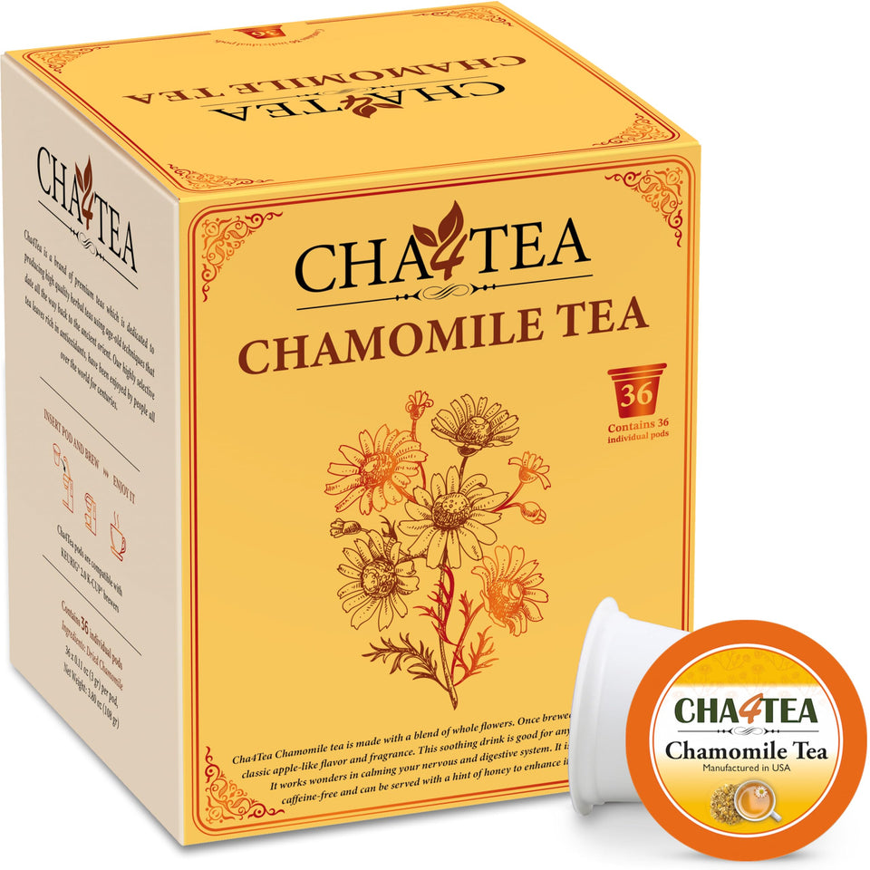 Cha4TEA pure chamomile pods in a box for Keurig brewers, ideal for a caffeine-free evening routine.