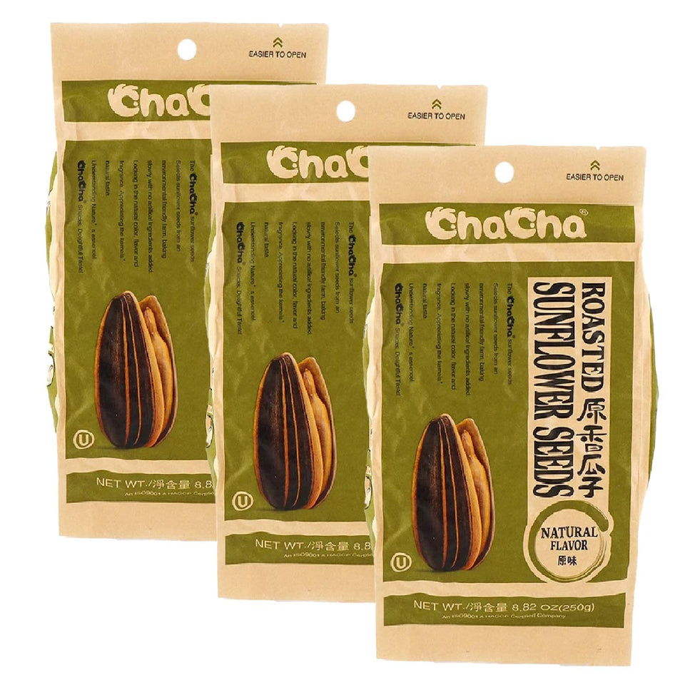 ChaCha roasted sunflower seeds 3-pack, front view, ideal for on-the-go snacking.