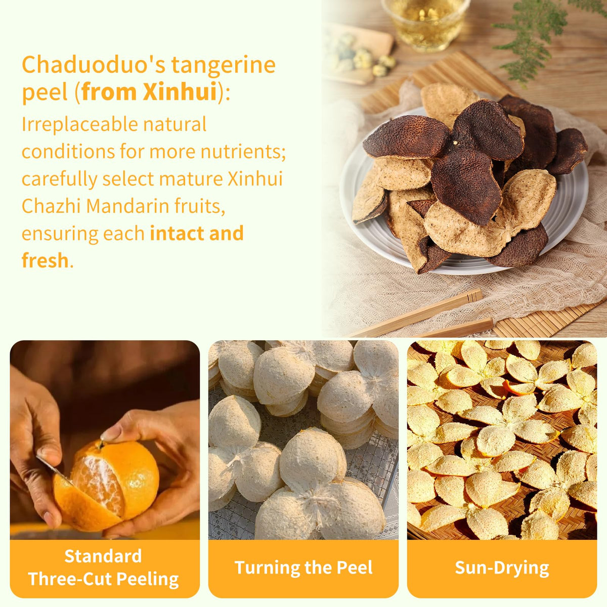 CHADUO Dried Tangerine Peel Tea sun-drying process illustrating traditional craft
