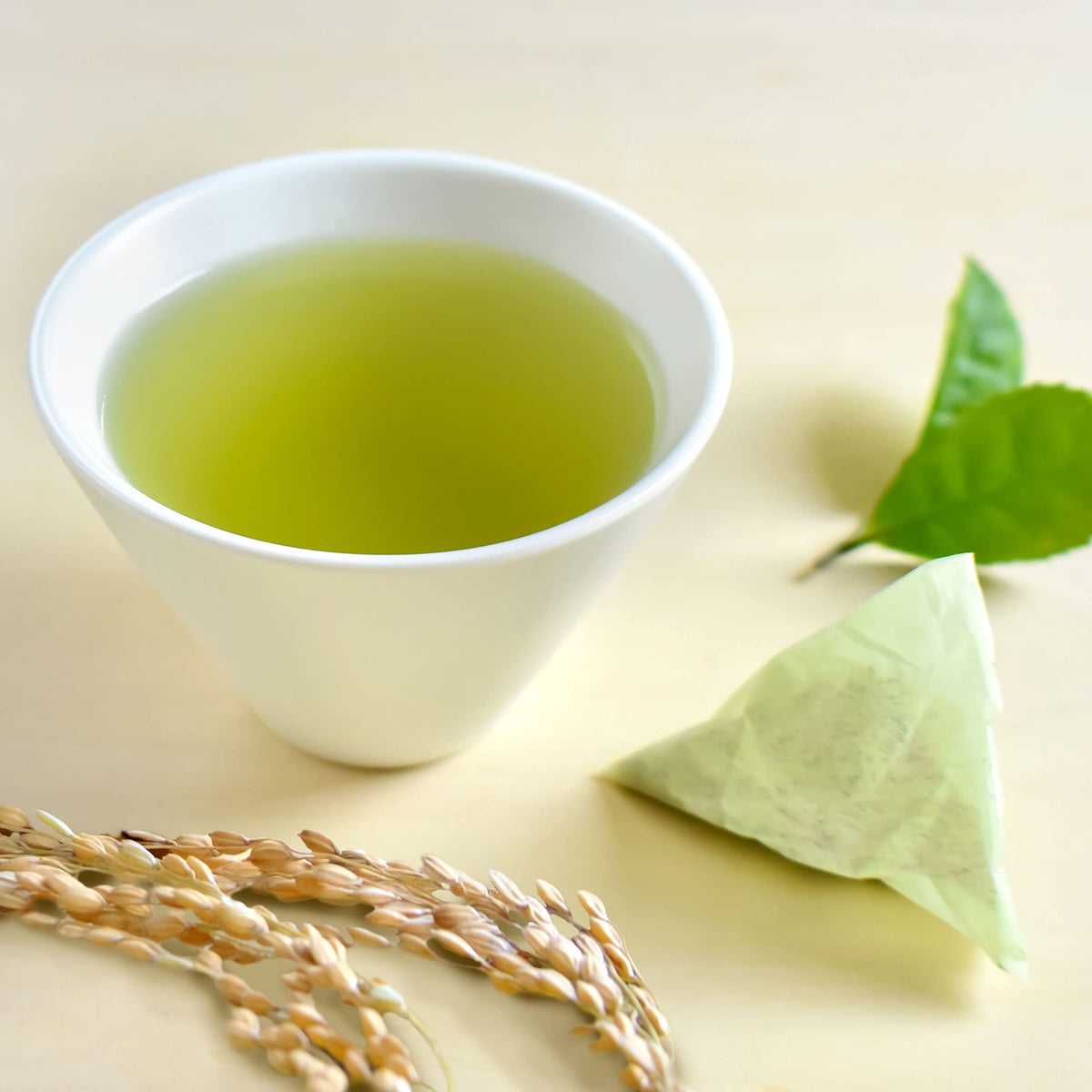 Chaganju Genmaicha tea bag closeup highlighting premium matcha and roasted rice notes.