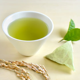 Chaganju Genmaicha tea bag closeup highlighting premium matcha and roasted rice notes.