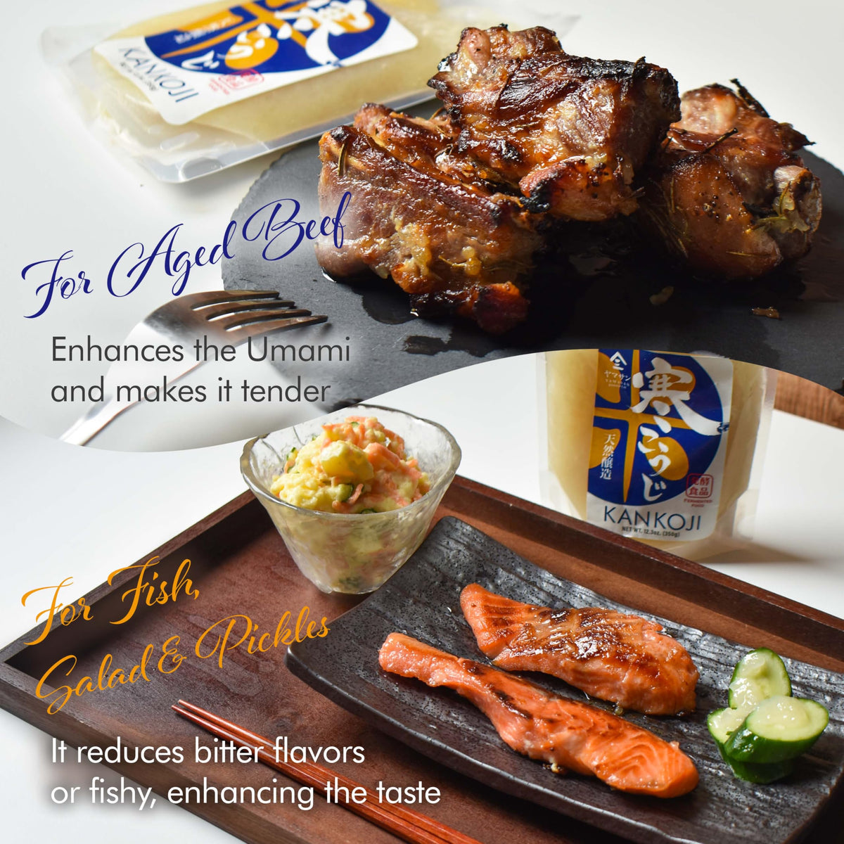 Beef marinated with Chaganju Koji for deeper umami and tenderness.