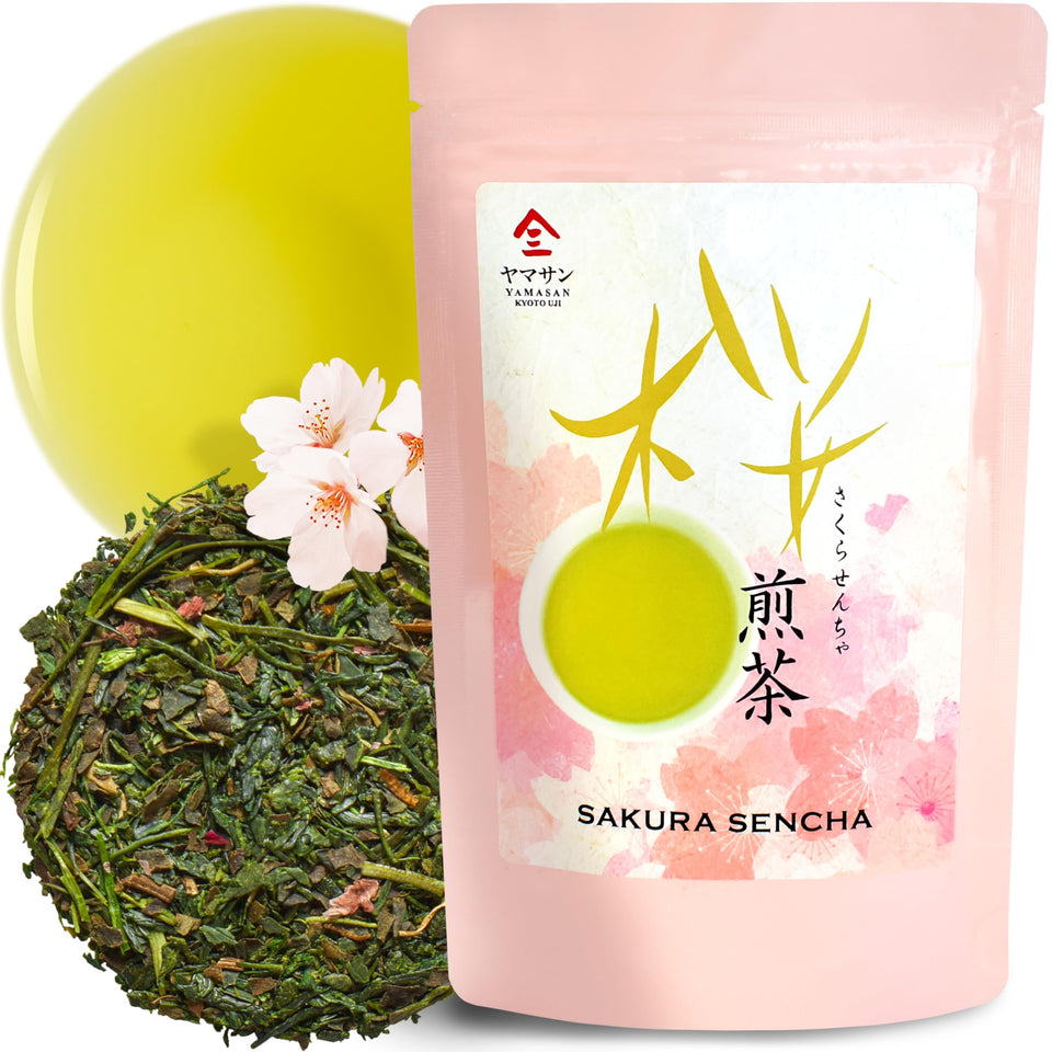 Chaganju Sakura Floral Green Tea loose-leaf in a bowl with sakura petals for serene moments