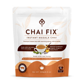 Chai Fix Instant Masala Chai pouch showcases convenient daily ritual with rich spice.