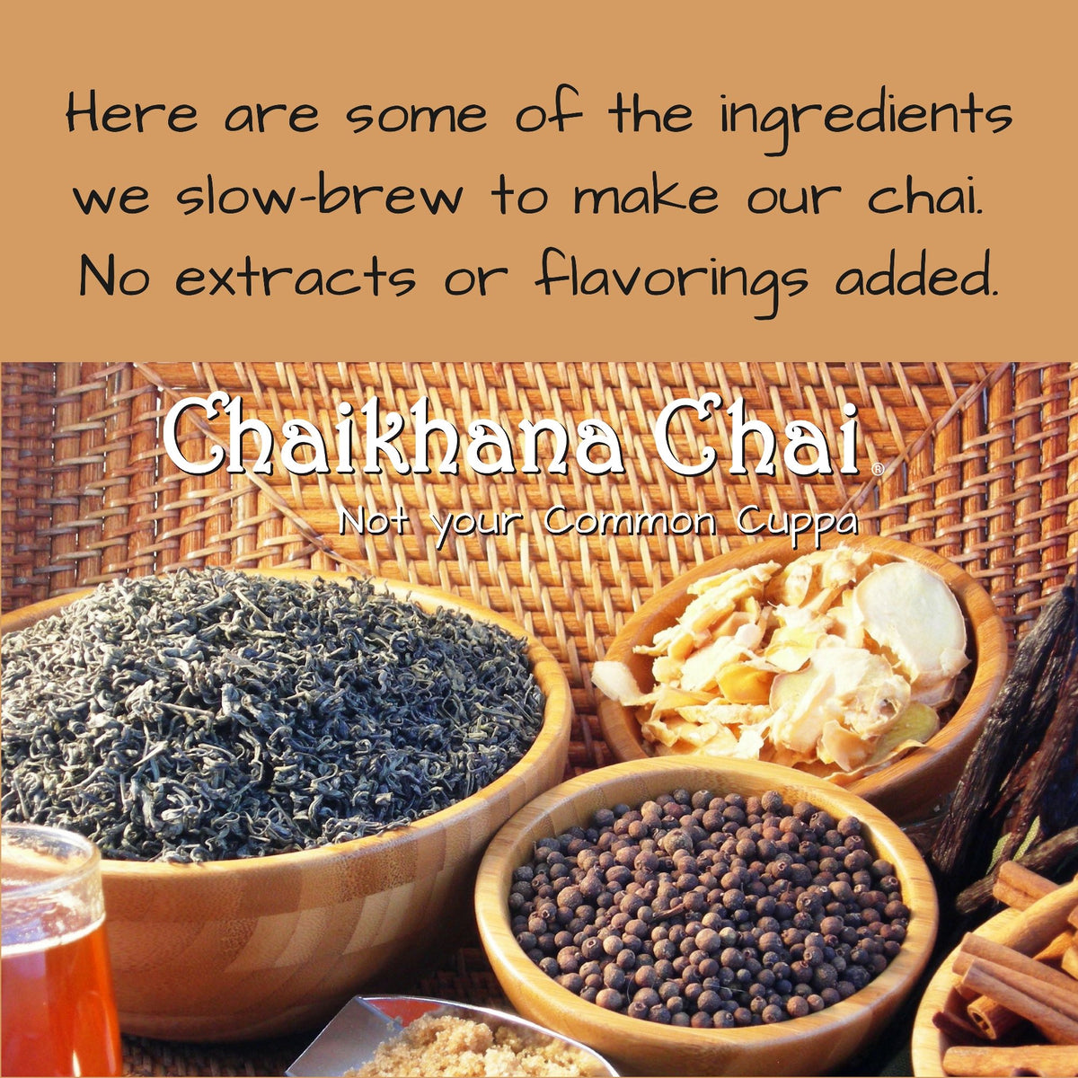 Chaikhana Chai recipe booklet shown beside the 64 oz container