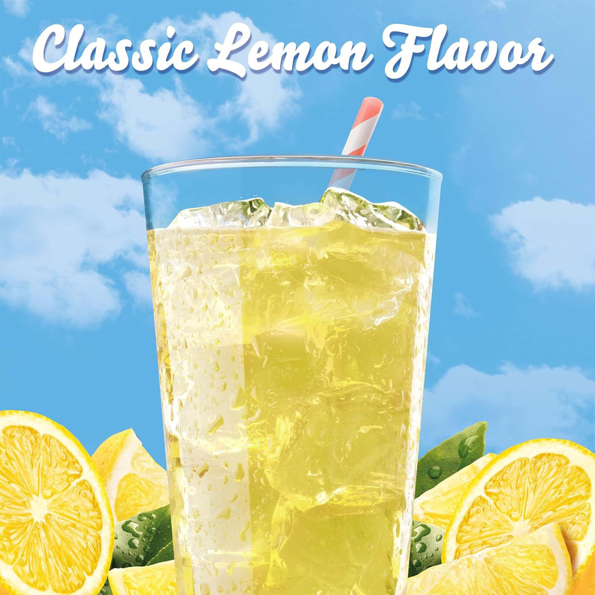 A glass of Crystal Light Classic Lemonade showing bright, refreshing color by CHAIN & JO SWEETS.