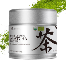 Chaism ceremonial-grade matcha tin close-up showing premium freshness and color.