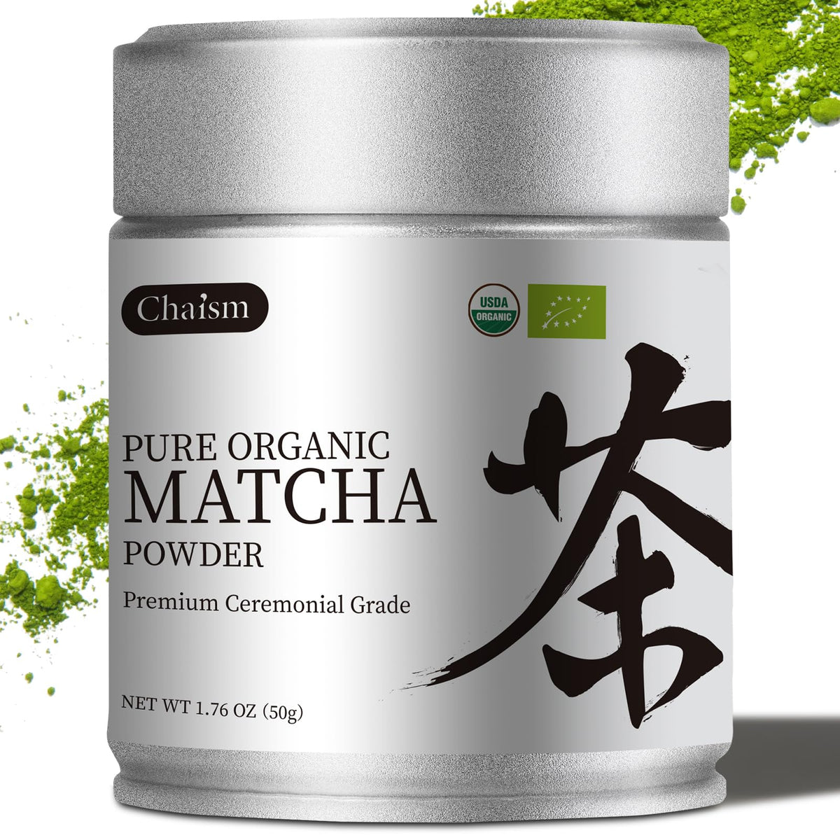 Chaism ceremonial-grade matcha tin close-up showing vibrant green color and texture