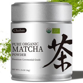 Chaism ceremonial-grade matcha tin close-up showing vibrant green color and texture