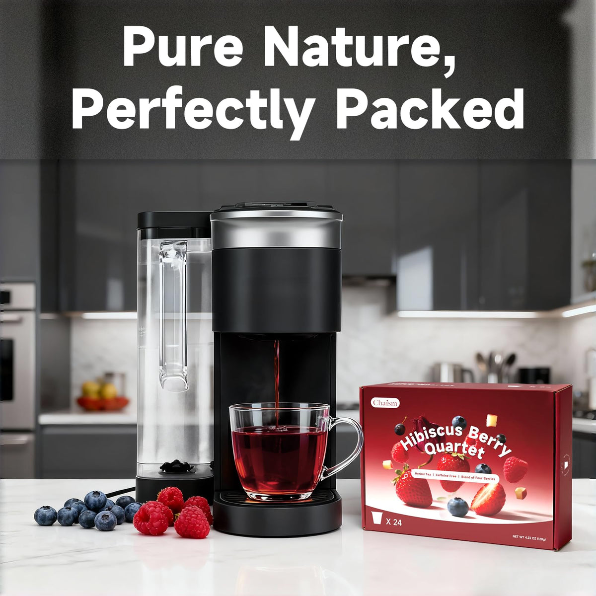 Chaism Hibiscus Berry Quartet cup-ready setup emphasizes caffeine-free herbal tea.