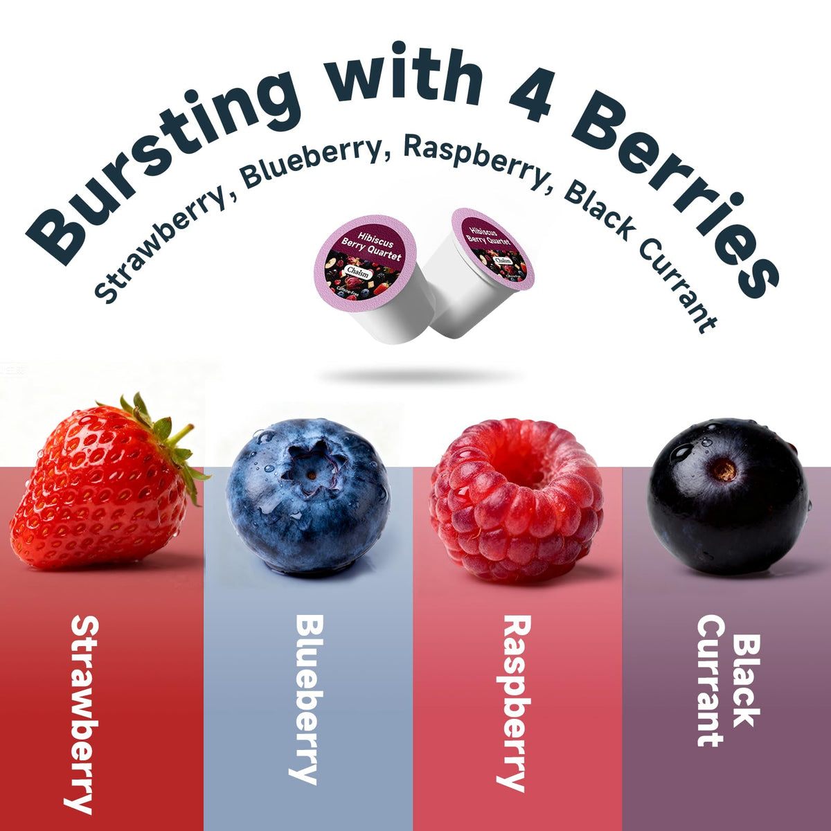 Chaism Hibiscus Berry Quartet ingredients list highlights real fruit pieces and clean sourcing.