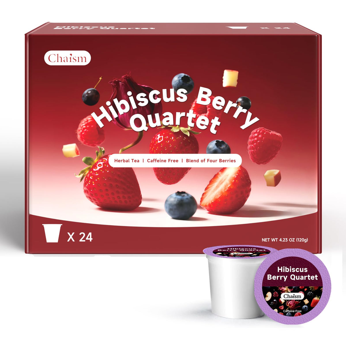 Chaism Hibiscus Berry Quartet tea pods ready in minutes for a caffeine-free afternoon break.