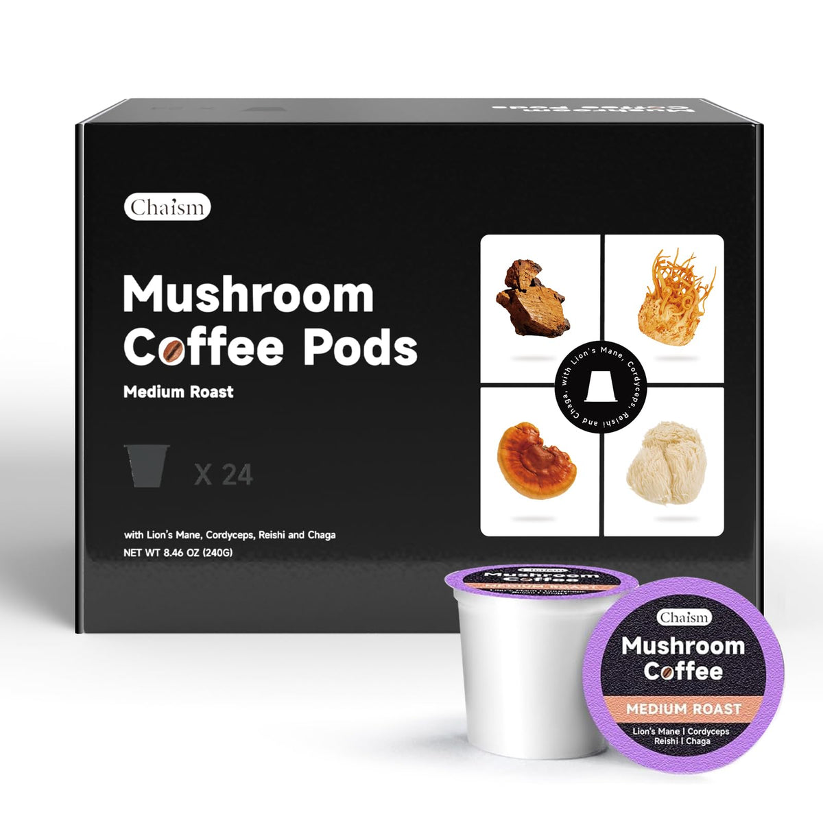 Chaism mushroom coffee pod pack with arabica beans delivering smooth energy