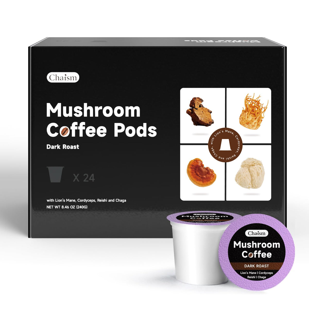 Chaism mushroom coffee pods in dark roast box for bold energy.