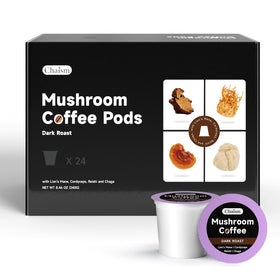 Chaism mushroom coffee pods in dark roast box for bold energy.