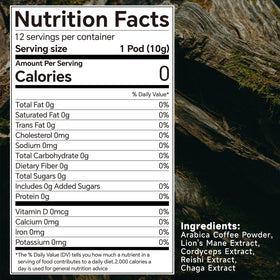 Chaism ingredients layout highlights Lion's Mane, Cordyceps, Reishi, and Chaga for wellness