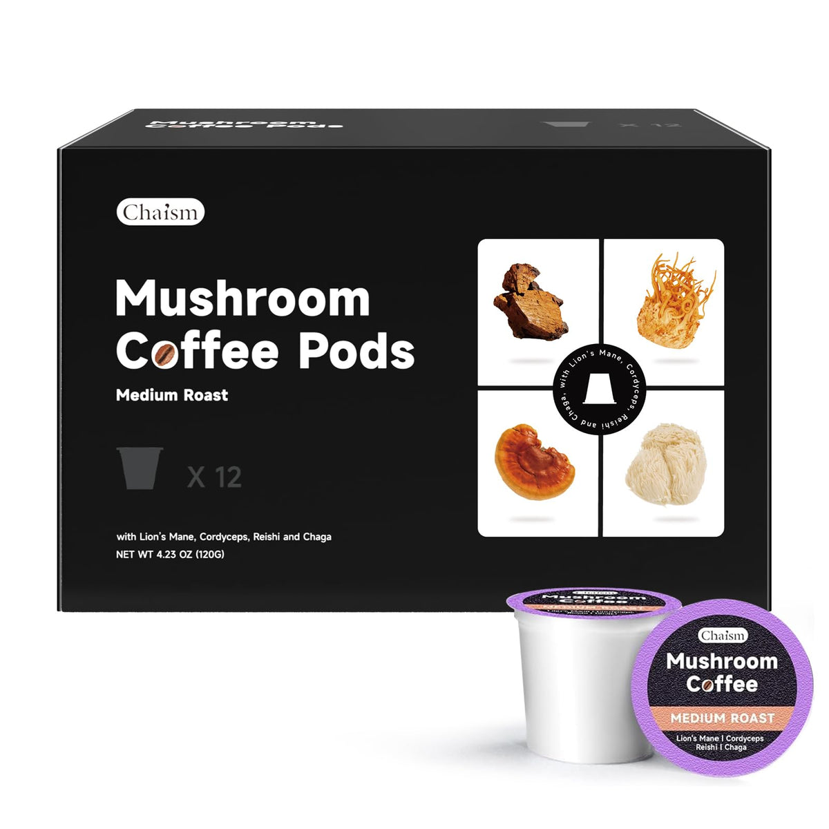 Chaism Mushroom Coffee Pods pack shot for on-the-go focus